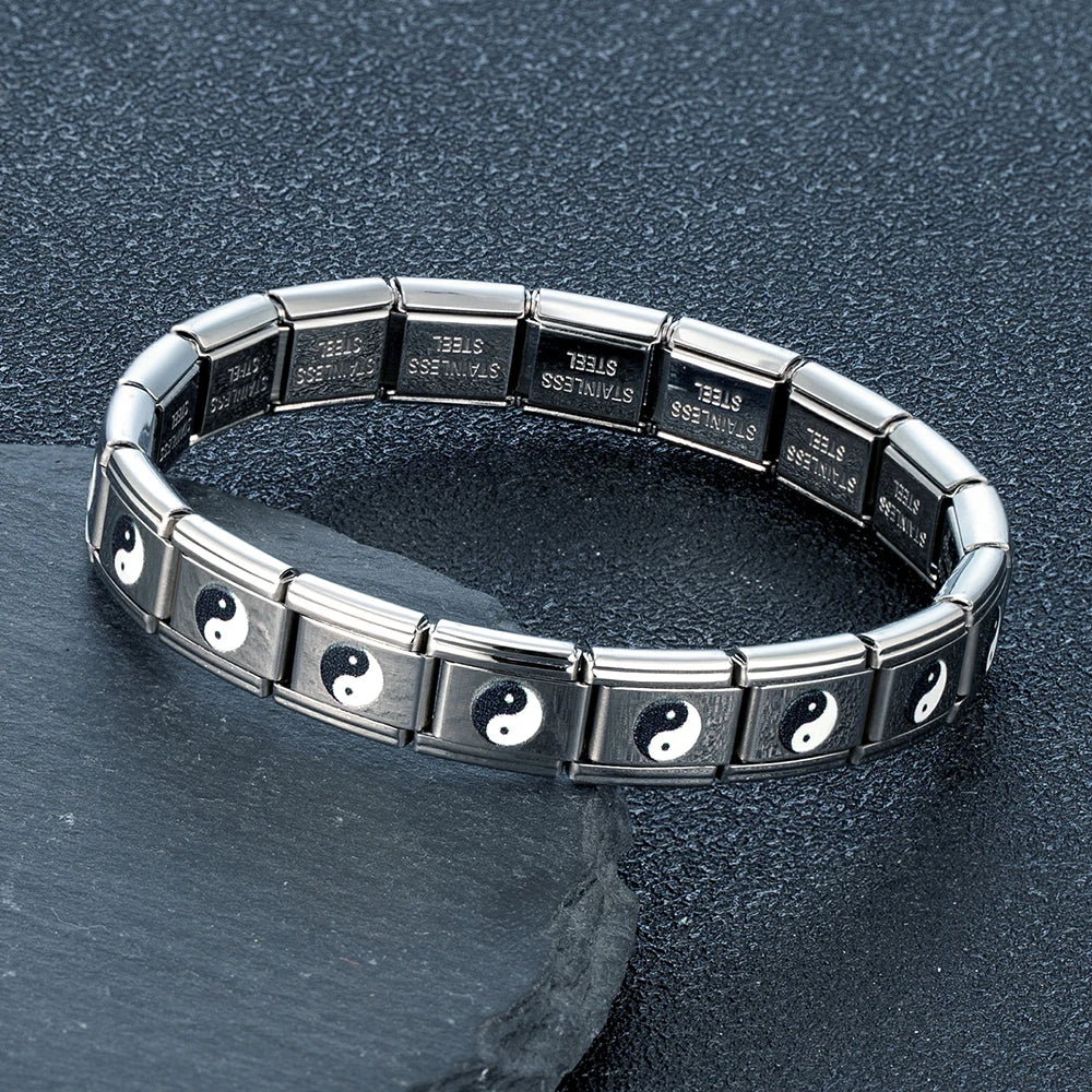 MKENDN Italian Elastic Charm Bracelet 9mm DIY YINYANG TAIJI Cartoon Candy Heart Stainless Steel Fashion Bangle