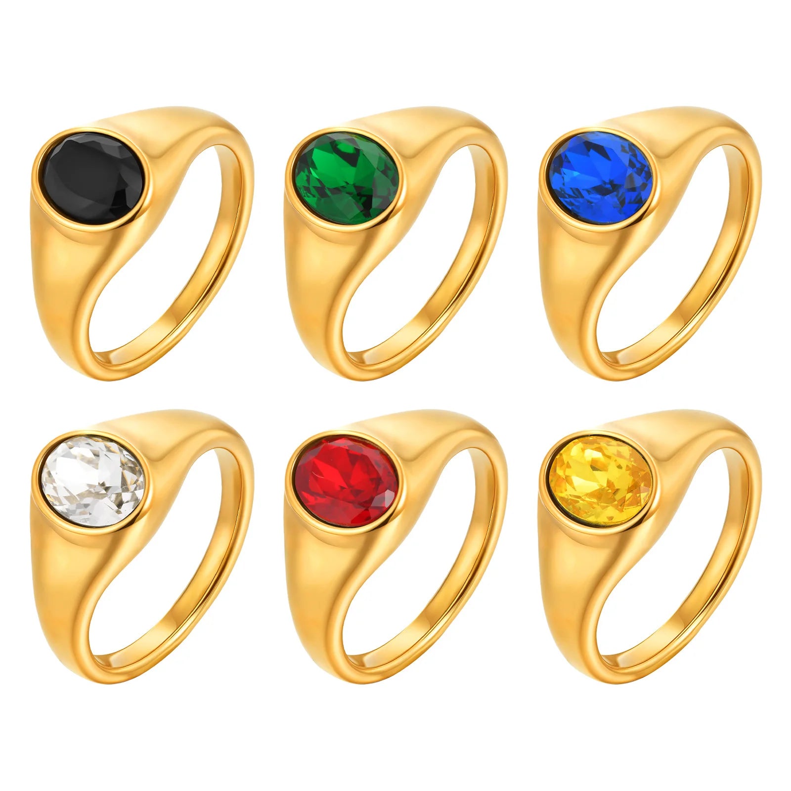 Vnox Minimalist Round Zircon Inlaid Rings For Women Men Stainless Steel Gold Color Elliptical Stone Ring Jewelry Never Lose