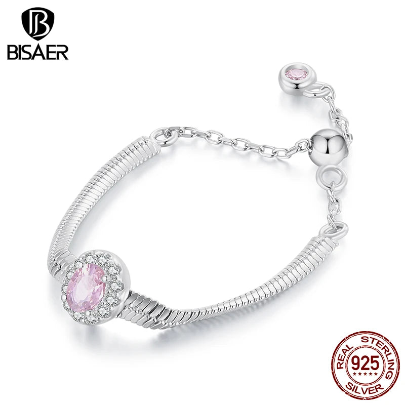 BISAER Bague en argent sterling 925 100 % délicate avec chaîne serpent réglable taille 5-9 en zircon rose pour femme et fille