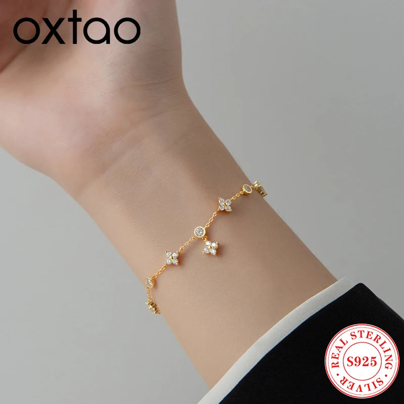 OXTAO Adjustable Chain Four-leaf Flower Bracelet With Certified Moissanite Bracelet for Women Real 925 Silver Jewelry Gift