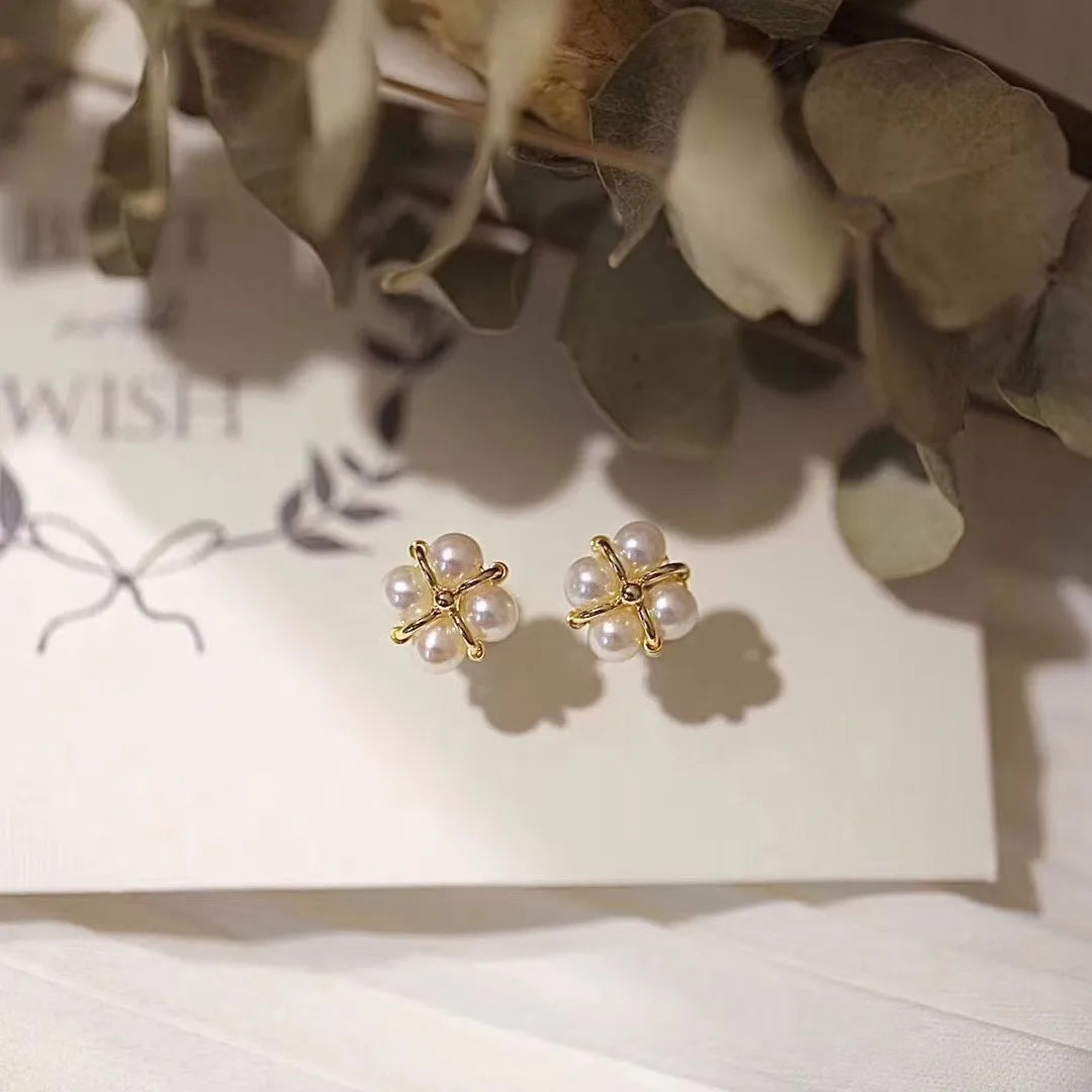 925 Sterling Silber Vier Perlen Ohrring für Frauen Französisch Temperament Exquisite Hochzeit Party Schmuck Zubehör