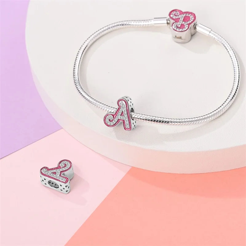 925 Silver 26 Alphabet Pink Princess Letters Charms Bead Fit Pandach 925 Original Bracelet DIY Anniversary Birthday Jewelry Gift
