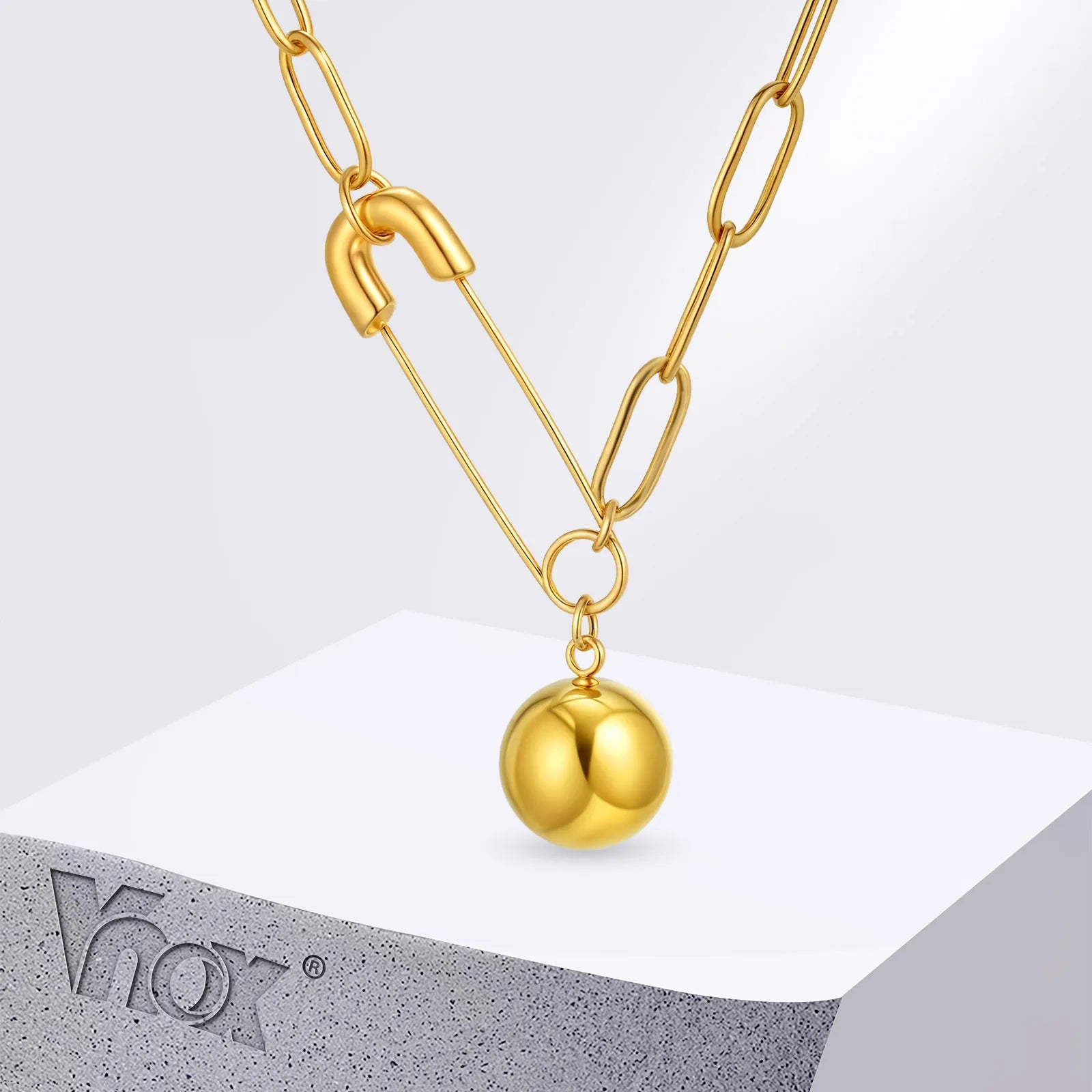 Vnox Gold Plated Round Ball Pendent Necklace For Women Fashion Jewelry Stainless Steel Paper Clip Chain Choker Gift To Girls