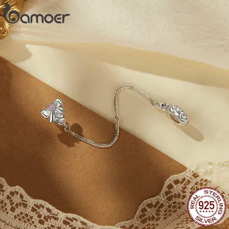 BAMOER Sicherheitskette mit Schleife aus massivem 925er Sterlingsilber mit Silikon passend für originale Armbänder, DIY-Bamoer-Anhänger zur Schmuckherstellung