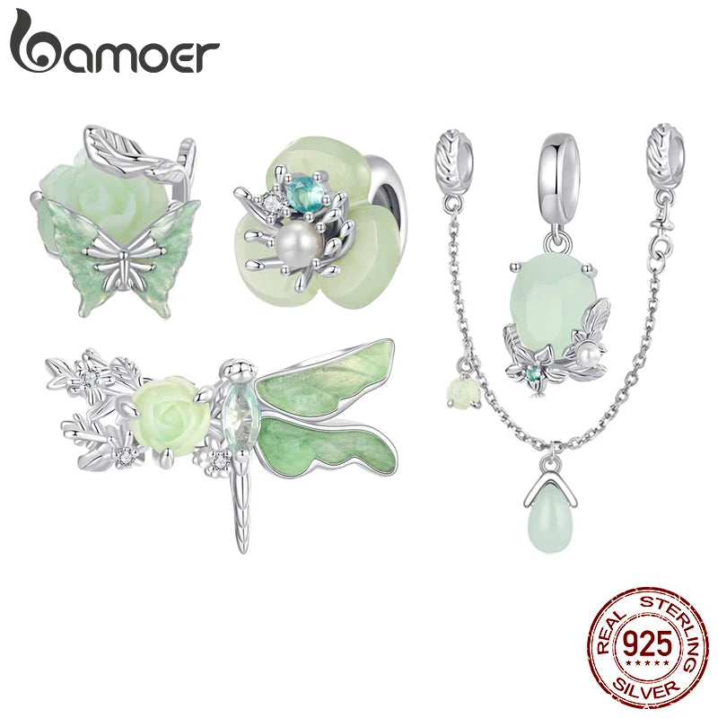 BAMOER Solid 925 Sterling Silver Green Impression Dragonfly Charm fit Original Bracelet DIY Jewelry Accessories bamoer Bead