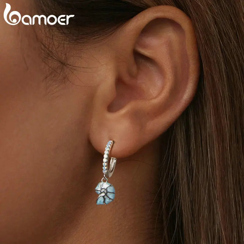 925 Sterling Silver Blue Conch Ear Buckles Sea Shell Drop Hypoallergenic Earrings for Women Ocean Series Jewelry BSE1012 - Madeinsea©