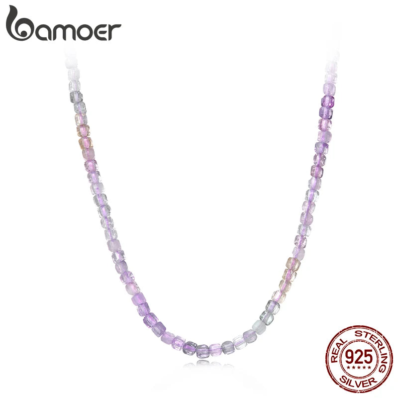 BAMOER Purple Crystal Necklace Colorful Transparent Basic Beads Chain for Women Teens Stacking Jewelry 925 Sterling Silver