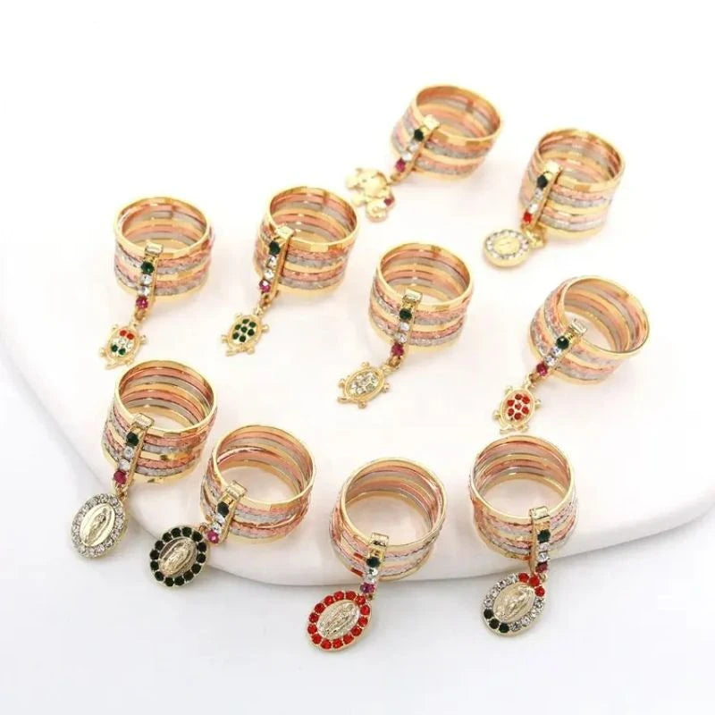 Glücksrose Schmetterling Eule Elefant Guadalupe-Kreuz Delfin Herz Schildkröte Klee Religiöser Schmuck Oro Laminado Ringe