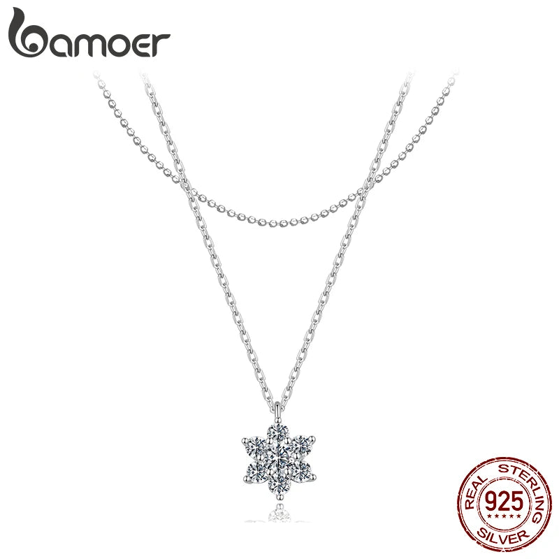 BAMOER Doppelreihige Moissanit-Halskette für Damen, Anhänger aus 925er Sterlingsilber mit Schneeflockenmotiv – ein bezauberndes Wintergeschenk