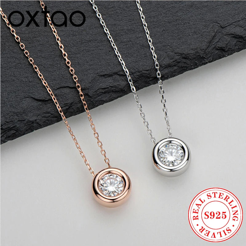 OXTAO D VVS1 Round Cut Moissanite Pendant Necklace Female Jewelry Real 925 Silver Clavicle Chain Necklace Fine Jewelry Gift
