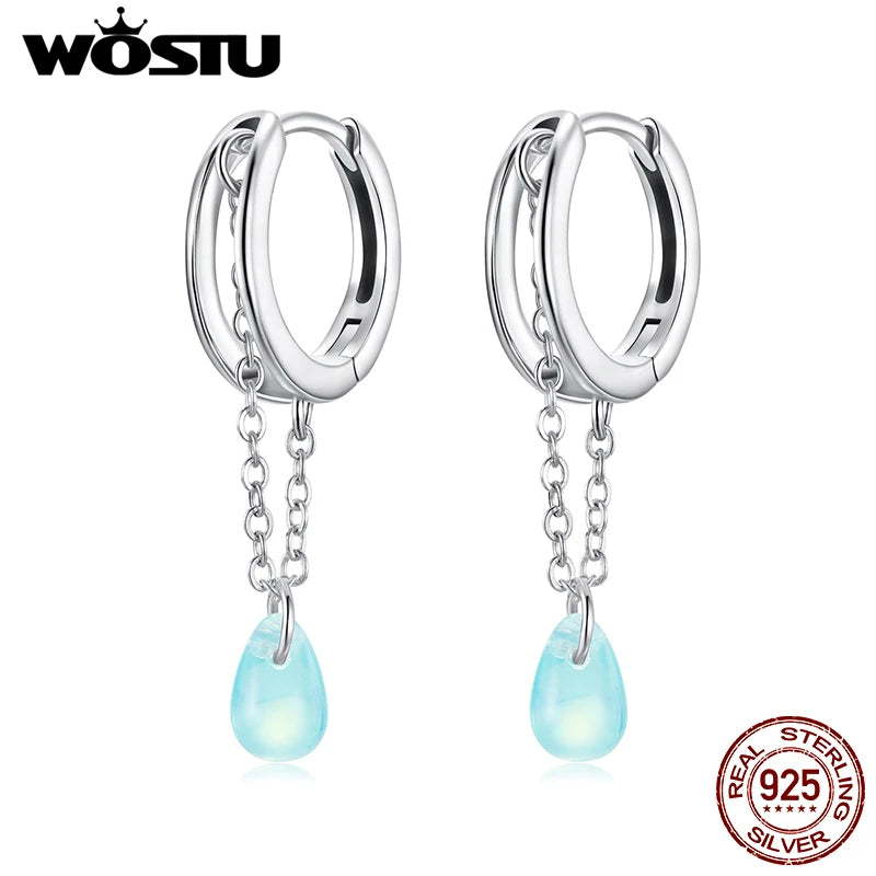WOSTU Real 925 Sterling Silver Original Long Link Green Crystal Drop Earrings For Women Water drop Tessel Ear Hoops Party Gift