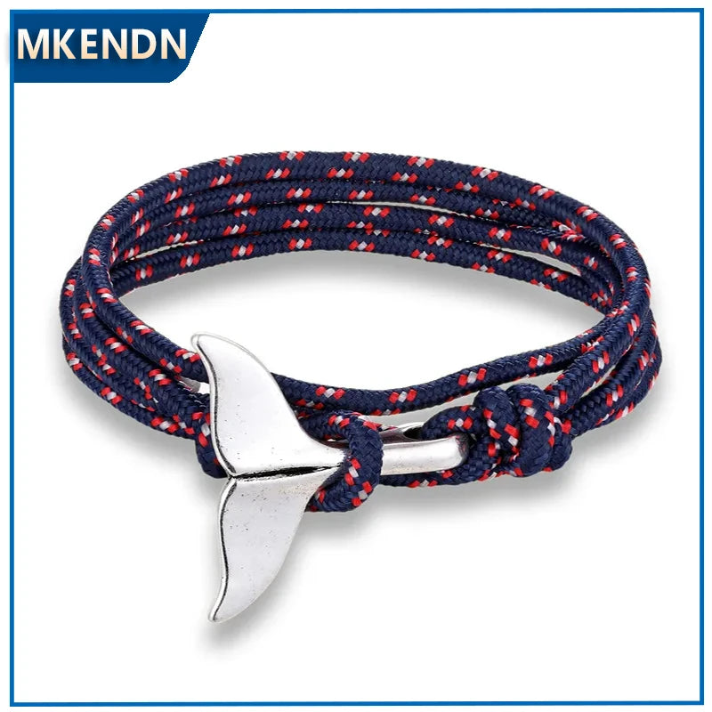 MKENDN Fashion Whale Tail Bracelets Men Women Charm Nautical Survival Multilayers Rope Chain Paracord Bracelet Wrap Metal Hooks