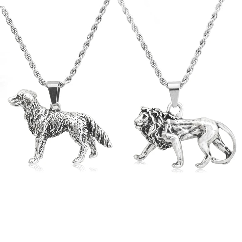 New Golden Retriever Dog&Lion Pendant Chain Stainless Steel Necklace Women Boho Cute Animals Couple Necklaces For Men Jewelry