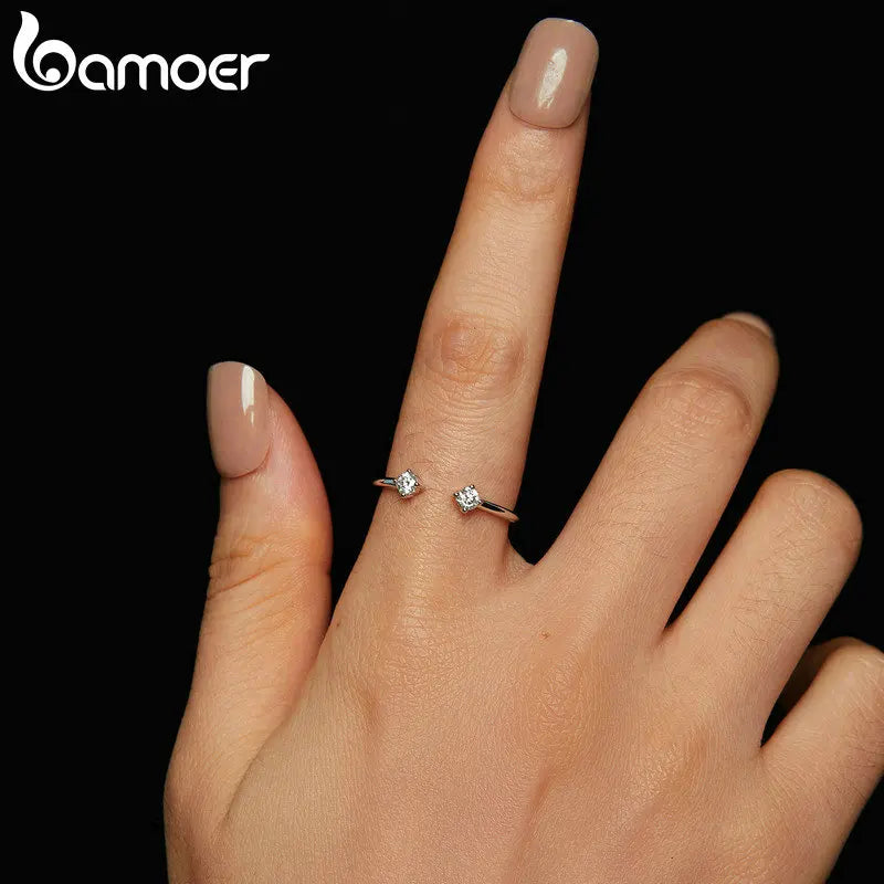 BAMOER 0.1CT Moissanite White Gold Plated Adjustable Ring 925 Sterling Silver Exquisite Open Ring for Women Fine Jewelry Gift