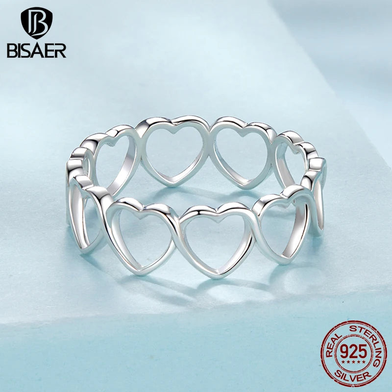 BISAER 925 Sterling Silber Höhlte Herz Ring Minimalismus Finger Band für Frauen Liebhaber Hochzeit Partei Edlen Schmuck ECR1084