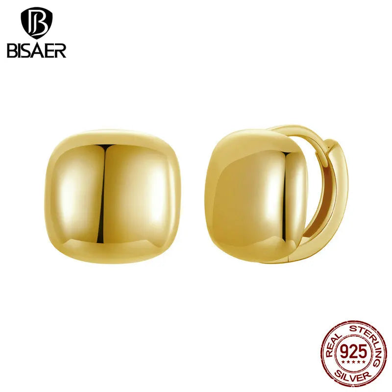 BISAER Real 925 Sterling Silver Chunky Square Hoop Earrings Metal Hypoallergenic Earrings 18K Gold-Plated for Women Fine Jewelry