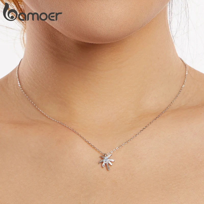 BAMOER Solid 925 Sterling Silver Dainty Coconut Tree Pendant Necklace for Women, White Gold Plated Cute Opal Pendant Necklaces