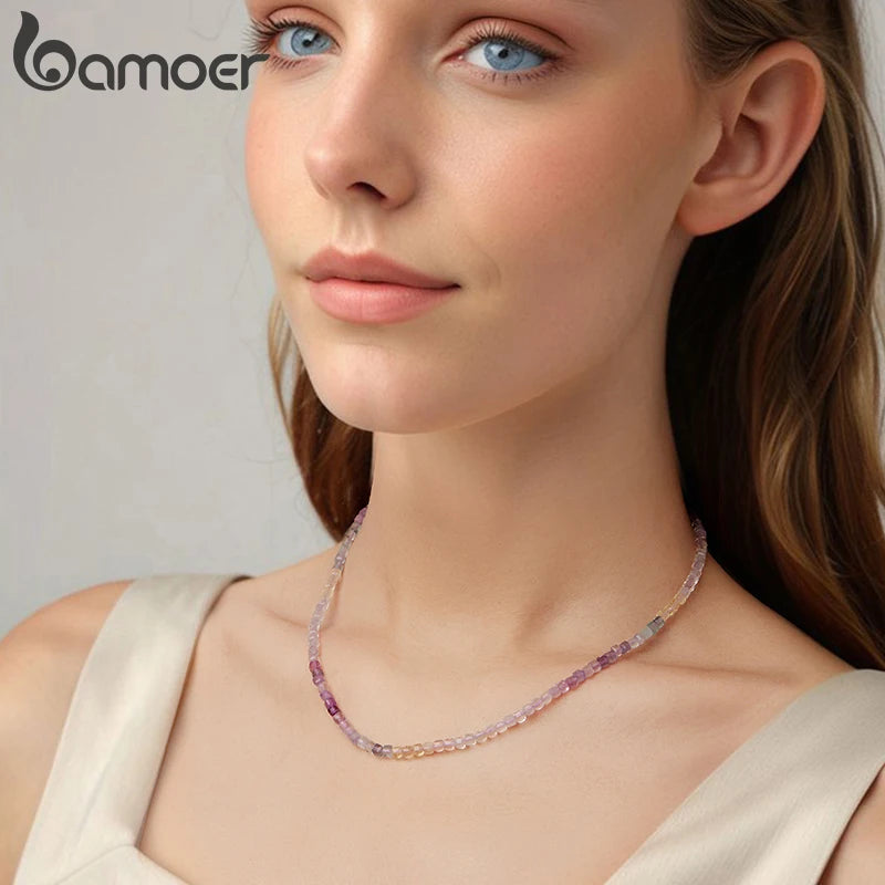 BAMOER Purple Crystal Necklace Colorful Transparent Basic Beads Chain for Women Teens Stacking Jewelry 925 Sterling Silver