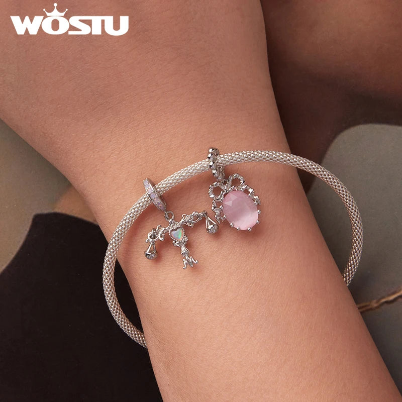 WOSTU 925 Sterling Silver Pink Cherry Pendant Bow White Gold Charm Original Sweet Fit for Women DIY Birthday Daily Fine Jewelry