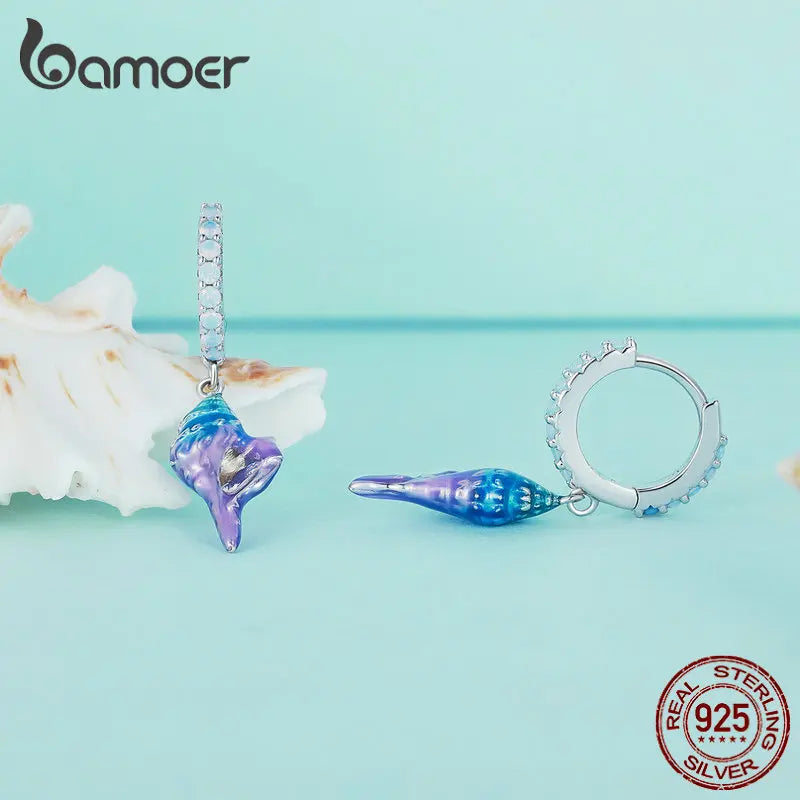 Bamoer 925 Sterling Silver Dreamy Gradual Change Blue Conch Ear Buckles Sea Shell Drop Earrings for Women Ocean Series Jewelry