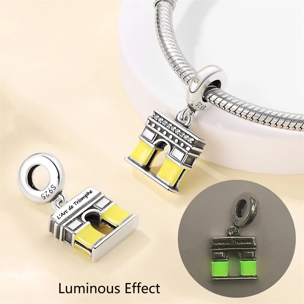 Creative 925 Sterling Silver Eiffel Tower Gold Heart Double Charm Fit DlY Bracelet Necklaces Women's Dating Jewelry Accessories