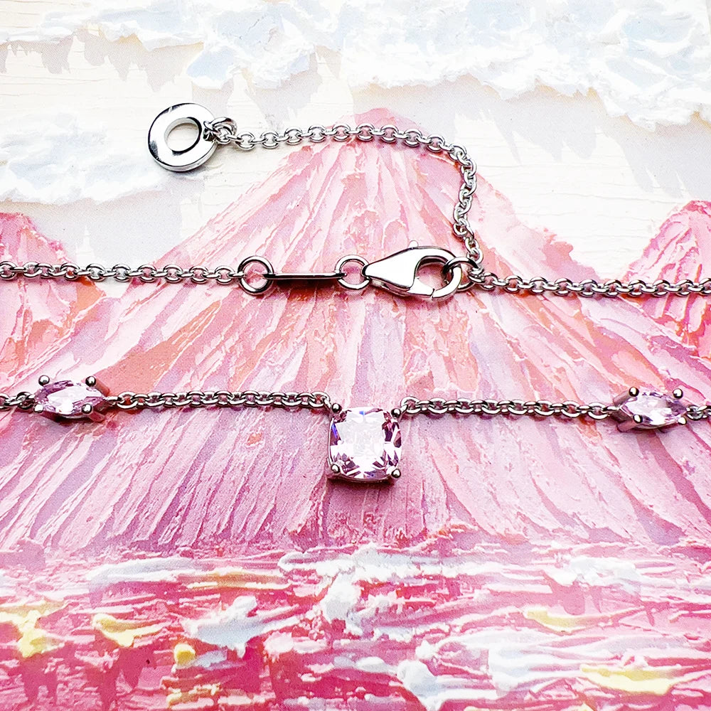 Pink Stone Necklace and Earring Jewelry Set Spring Brand New 925 Sterling Silver Romantic Gift For Women