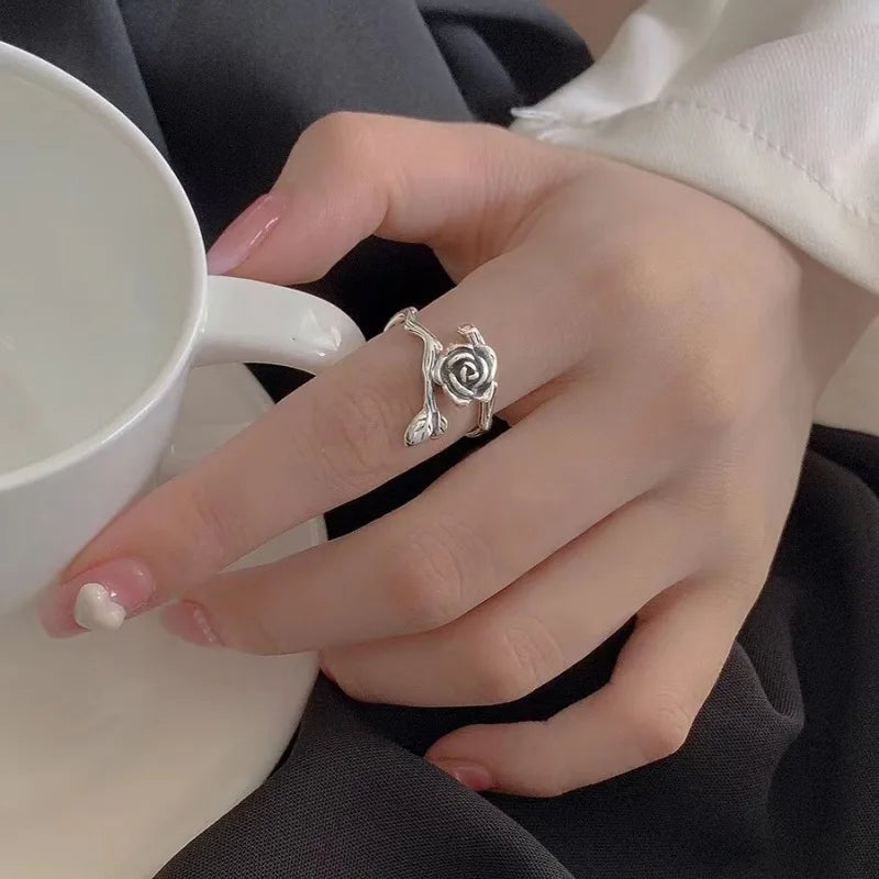 Buyee 925 Sterling Silber Blumenring Finger Niedliche Rose Süß Offener Ring für Frauen Mädchen Mode Familie Party Feiner Schmuck Kreis
