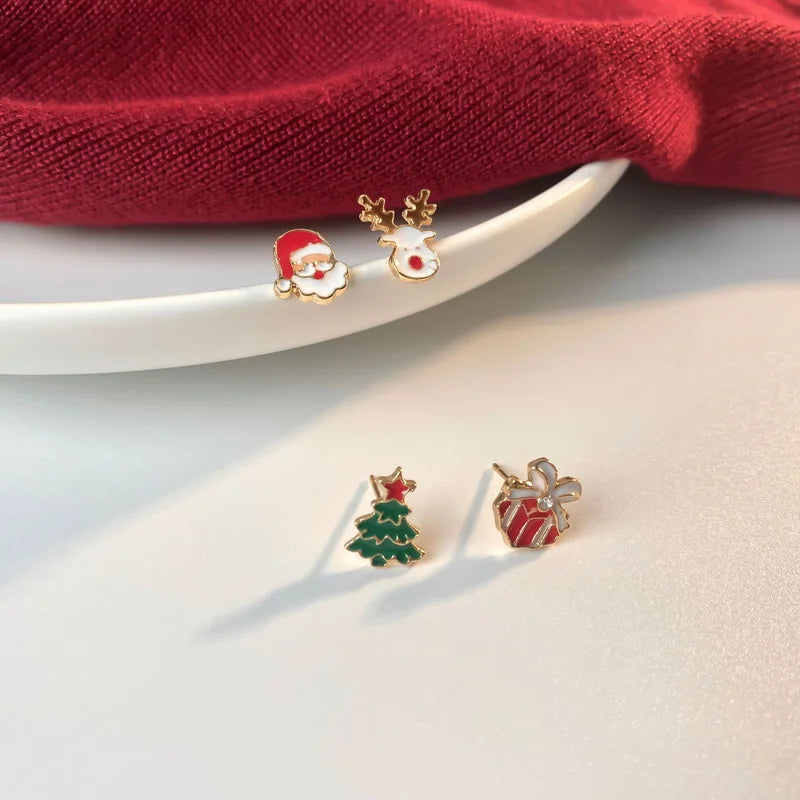 4 Pcs Cute Christmas Small Earrings for Women Trendy Santa Claus Xmas Tree Elk Bell Snowman Stud Earrings Party Daily Jewelry
