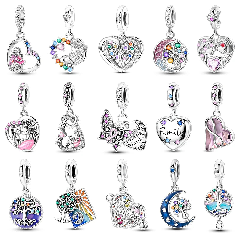 Fashion 925 Sterling Silver Heart Shape Tree Of Life Mother Sister Hug Charms Beads Fit Original Bracelets Fine DIY Jewelry Gift