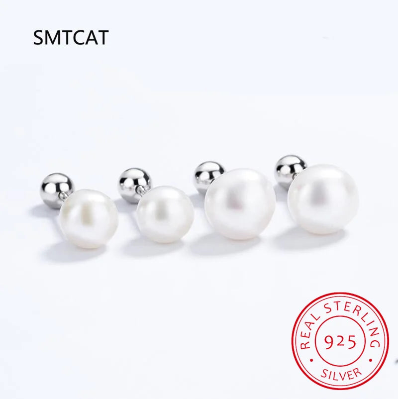Real 925 Sterling Silver Round 6/8/10/12MM Pearl Screw Bead Stud Earrings For Women Cute Fine Jewelry Minimalist Accessories