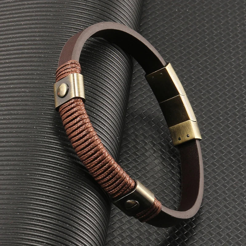 MKENDN Retro Gold Color Stainless Steel Magnetic Buckle Bracelet for Men Brown Leather Wristband Bracelet Fashion Jewelry Gift