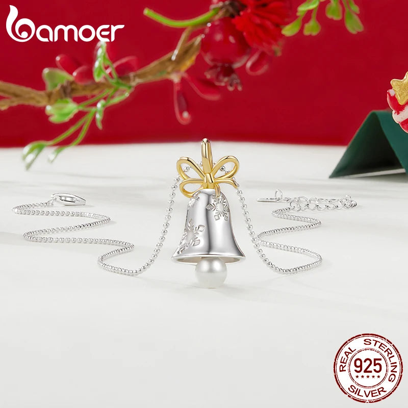 BAMOER White Gold Plated Snowflake Bell Necklace, High Quality 925 Sterling Silver Necklace for Women Unique Design Xmas Gift