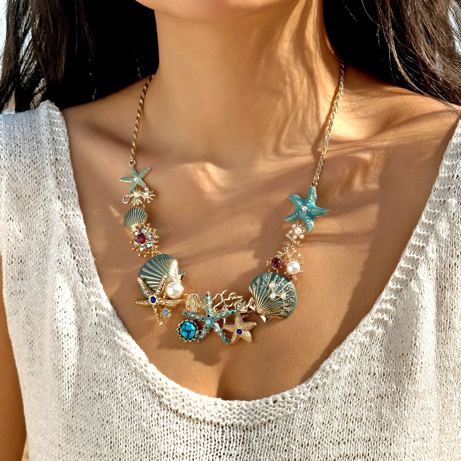 Boho Starfish Shell Coral Pearl Pendant Necklace For Women Shiny Crystal Zircon Dripping Oil Beach Clavicle Choker Charm Jewelry