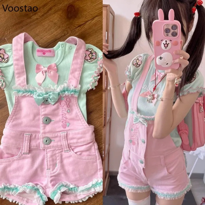 Japanese Kawaii Lolita Style Shorts T-Shirt Sets Women Sweet Cute Bow Cartoon Embroidery Tees Overalls Short Pants Y2k Outfits