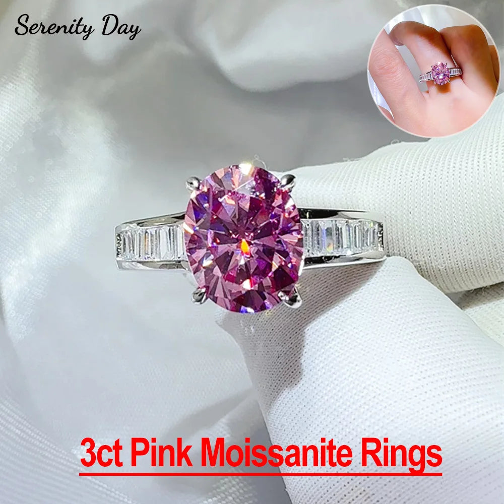 Serenity 3ct Oval Cut Pink Moissanite Rings for Women 100% S925 Sterling Silver Plated 18K Cultivated Diamond Rings Fine Jewelry