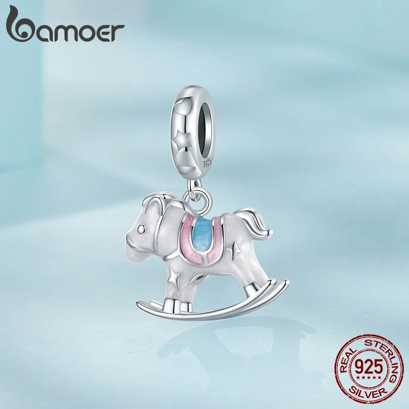 BAMOER 2025 New Solid 925 Sterling Silver White Carrousel Charm fit Original Bracelet DIY Jewelry Accessories bamoer Silver Bead