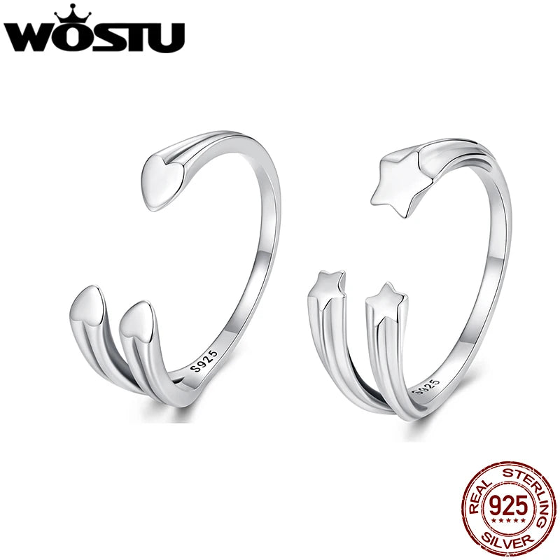 WOSTU 925 Sterling Silver Metal Three Heart Star Open Ring For Women Wedding Party Simple Ins Style Stackable Rings Girl Gift