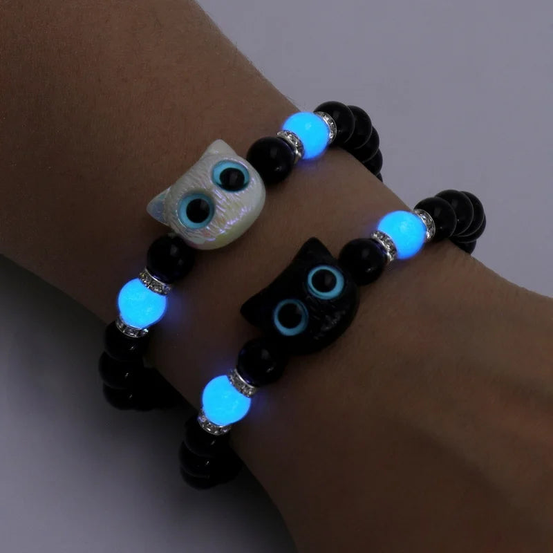 Cute Big Eye Cat Luminous Bracelets For Women Men Cartoon Animal Black White Kitten Beaded Bangles Friendship Couple Jewelry