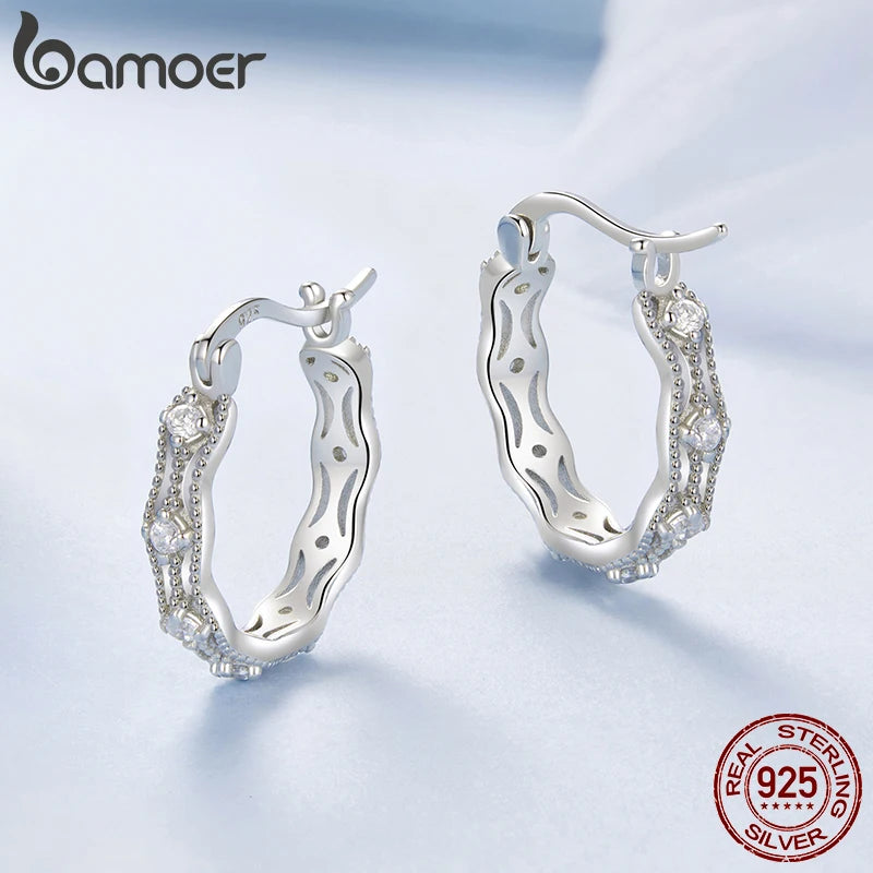 BAMOER 925 Sterling Silber Intarsien CZ Geometrische Spitze Hoop Ohrringe Licht Luxus Reife Glamour Frauen Schmuck Zubehör BSE1101