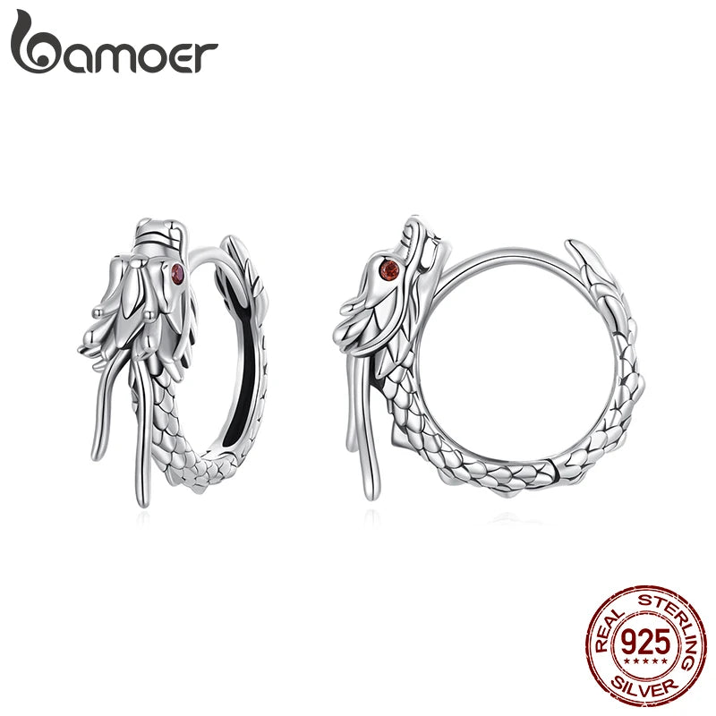 BAMOER Solid 925 Sterling Silver Dragon Hoop Earrings for Women, Hypoallergenic Lightweight Personalized Dragon Jewelry Gift