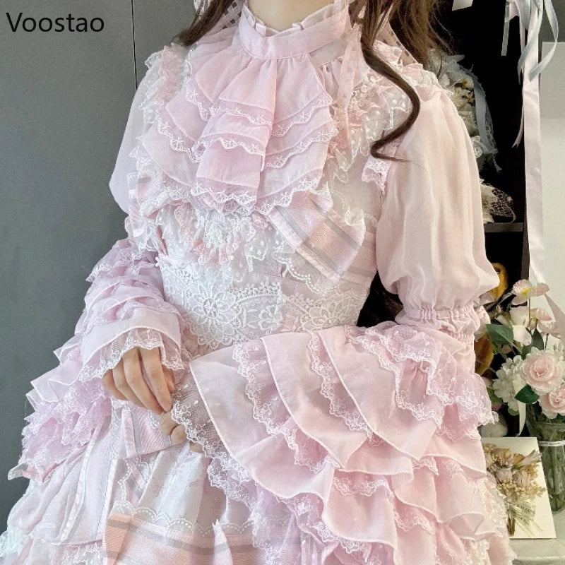 Victorian Elegant Lolita Style Shirts Japanese Women Vintage Gothic Lace Ruffles Flare Long Sleeve Blouses Sweet Y2k Slim Tops