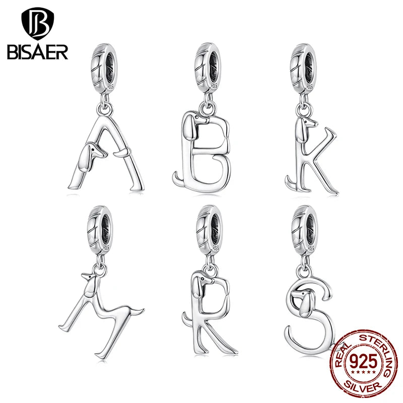 BISAER 100% 925 Sterling Silver Letter Charm Bead Cute Dachshund Dog Pendant For Women DIY Bracelet & Necklace Fine Jewelry Gift