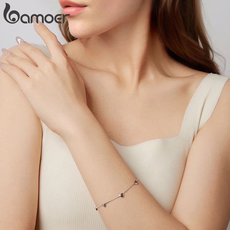 BAMOER 925 Sterling Silver Adjustable Heart Bracelet Dainty Box Chain Bracelet for Women Teen Girls Sweet Birthday Gift