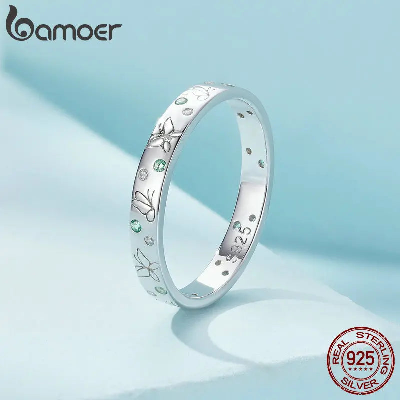Bamoer 925 Sterling Silber Saison Serie Seewelle Fingerring Schmetterlingsring Blattband für Frauen Geburtstagsgeschenk Edler Schmuck