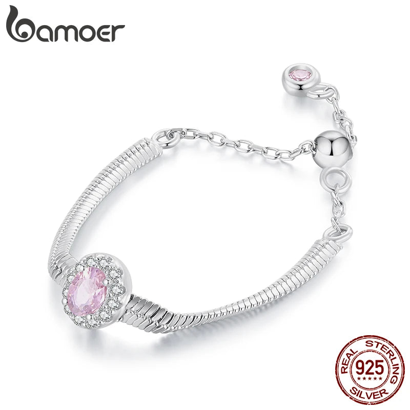 BAMOER 925 Sterling Silber Schlangenkettengliederringe für Damen, Halo Pink CZ Eternity verstellbarer Kettenbandring Schmuck BSR632-E