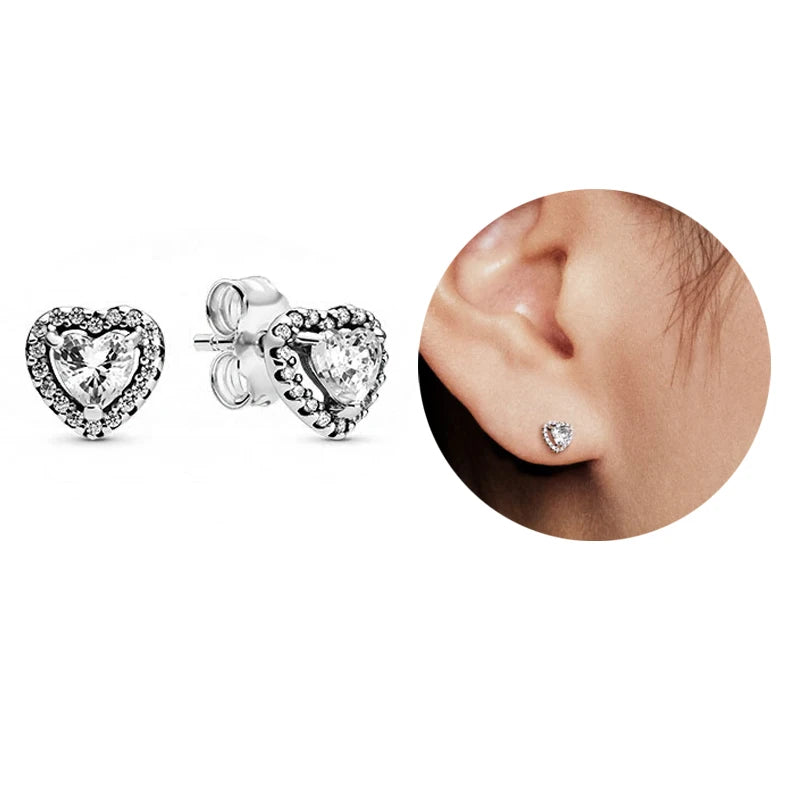Sterling Silver 925 Heart CZ Cubic Zircon Round Daisy Flower Trio Stud Earrings For Women Silver S925 Original Fashion Jewelry