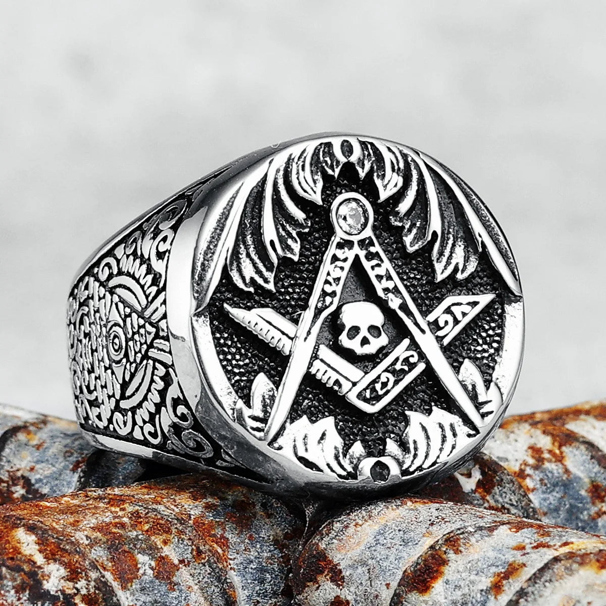 Bague tête de mort maçonnique en acier inoxydable 316L pour homme, œil de vérité, franc-maçonnerie, rock pour cavalier, petit ami, bijoux, meilleur cadeau, vente en gros