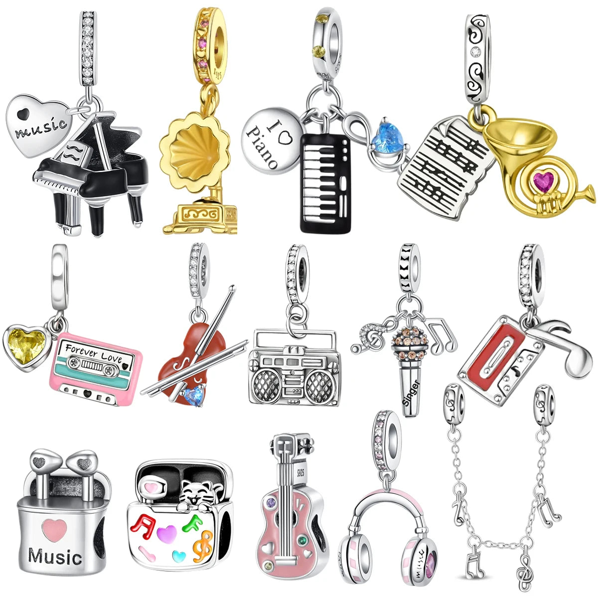 925 Sterling Silver Musical Instrument Charms Beads Piano Guitar Earphone Pendants Earrings Fit Bracelet DIY Fine Jewelry Gift