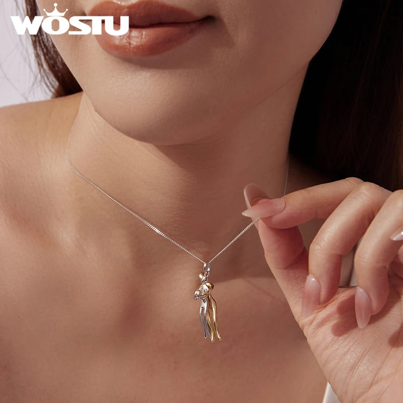 WOSTU Real 925 Silver Hug Couple Pendant Necklace For Love, Silver Gold Two-tone Him & Her embrace Pendant Valentine's Gift