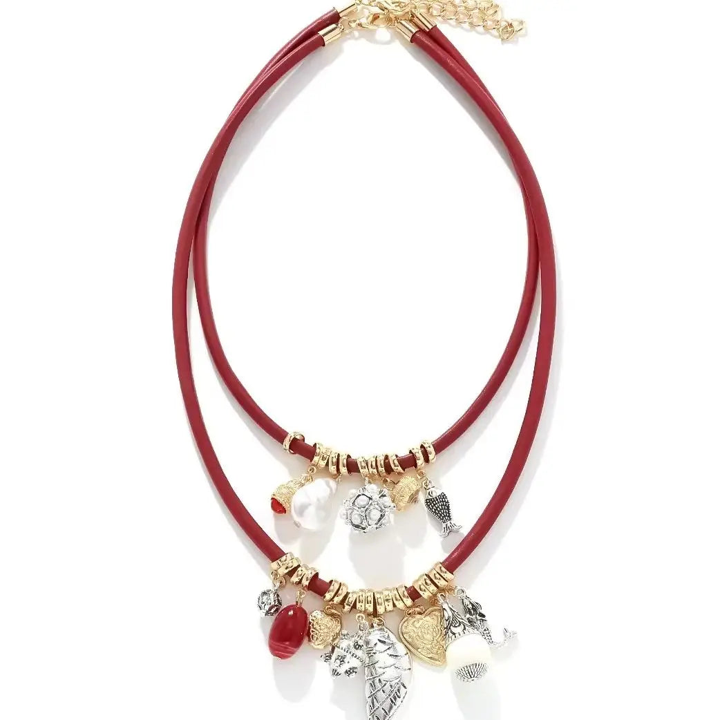 ZAA Luxury Multi-layer Leaf Small Fish Heart Pendant Leather Rope Necklace